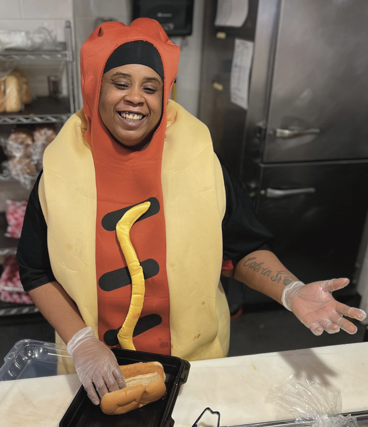 Ernie Clemons in a hotdog costume